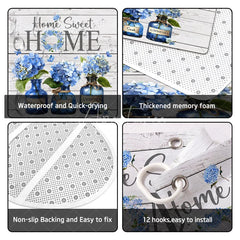 Aperturee - Aperturee 4-Piece Rustic Home Sweet Home Shower Curtain Set Blue Hydrangea Floral Jars Wooden Plank Decor