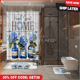 Aperturee 4-Piece Rustic Home Sweet Home Shower Curtain Set, Blue Hydrangea Floral Jars, Wooden Plank Decor