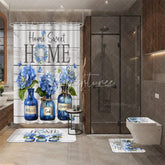 Aperturee - Aperturee 4-Piece Rustic Home Sweet Home Shower Curtain Set Blue Hydrangea Floral Jars Wooden Plank Decor
