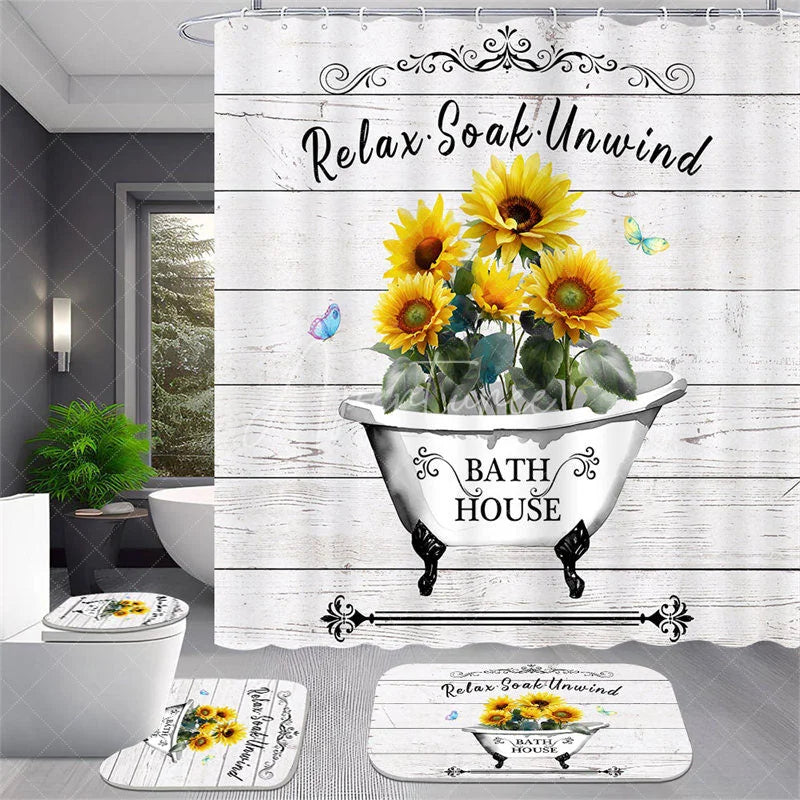 Aperturee - Aperturee 4-Piece Rustic Sunflower Bathroom Set Farmhouse Bathtub Wood Yellow Relax Soak Unwind Decor