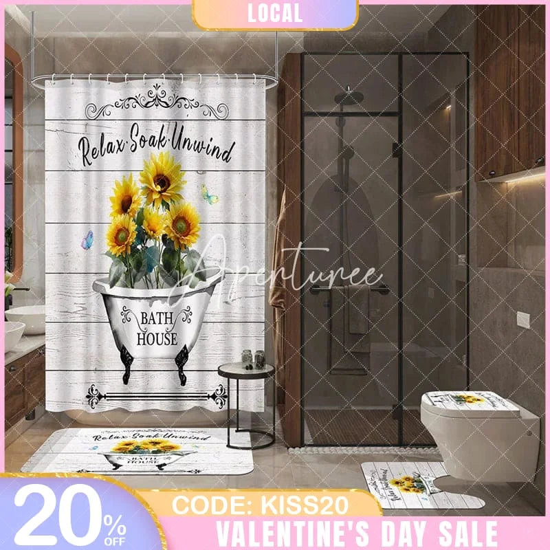 Aperturee - Aperturee 4-Piece Rustic Sunflower Bathroom Set Farmhouse Bathtub Wood Yellow Relax Soak Unwind Decor