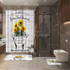 Aperturee - Aperturee 4-Piece Rustic Sunflower Bathroom Set Farmhouse Bathtub Wood Yellow Relax Soak Unwind Decor