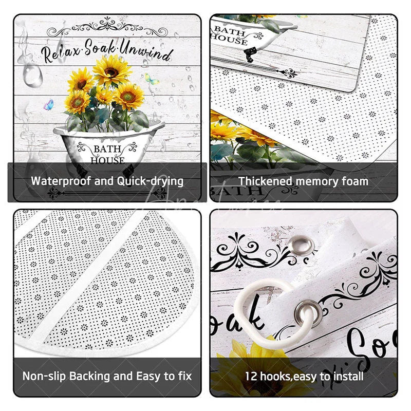 Aperturee - Aperturee 4-Piece Rustic Sunflower Bathroom Set Farmhouse Bathtub Wood Yellow Relax Soak Unwind Decor