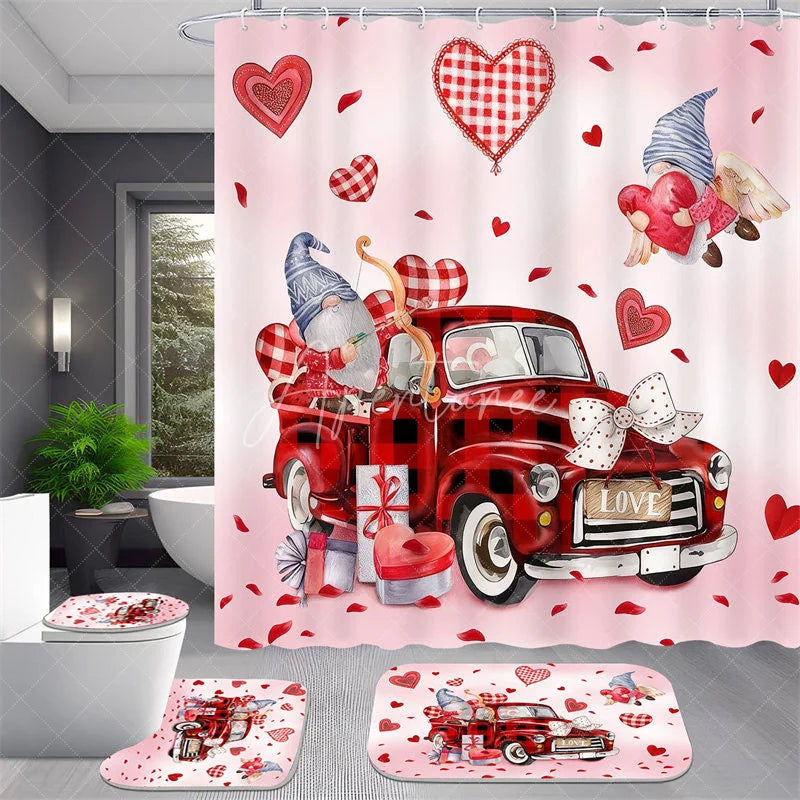 Aperturee - Aperturee 4-Piece Valentines Day Gnome Bathroom Set Red Truck Heart Love Romantic Pink Holiday Decor