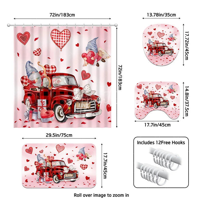 Aperturee - Aperturee 4-Piece Valentines Day Gnome Bathroom Set Red Truck Heart Love Romantic Pink Holiday Decor
