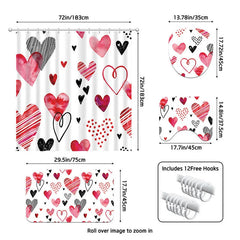 Aperturee - Aperturee 4-Piece Valentines Day Heart Shower Curtain Set Watercolor Red Pink Love Art Cute Romantic
