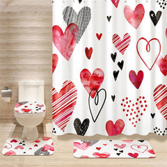 Aperturee - Aperturee 4-Piece Valentines Day Heart Shower Curtain Set Watercolor Red Pink Love Art Cute Romantic