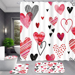 Aperturee - Aperturee 4-Piece Valentines Day Heart Shower Curtain Set Watercolor Red Pink Love Art Cute Romantic