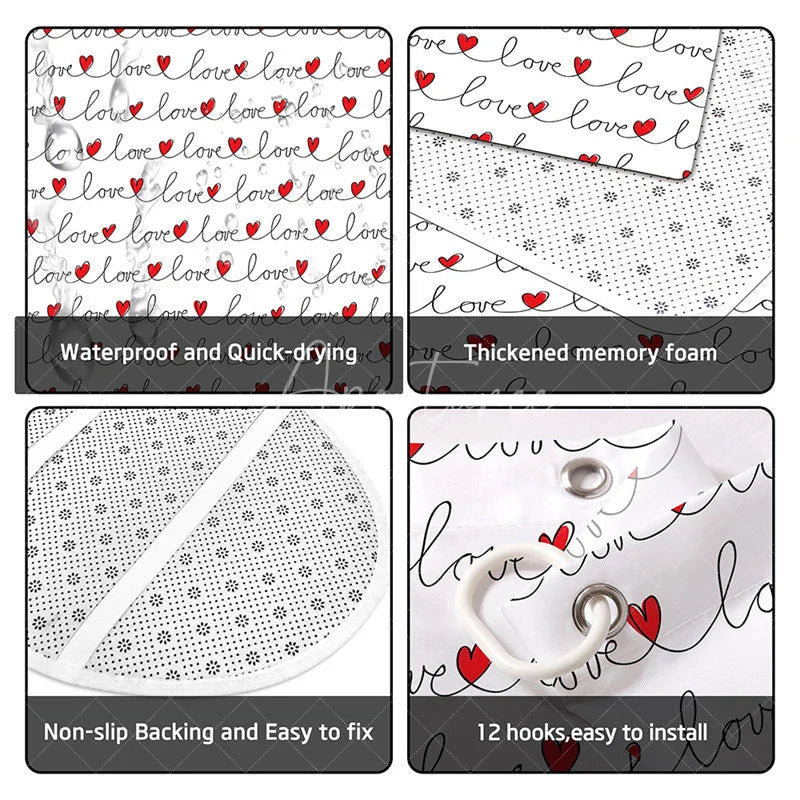 Aperturee - Aperturee 4-Piece Valentines Day Love Bathroom Set Red Heart Script Line Minimalist Romantic Decor