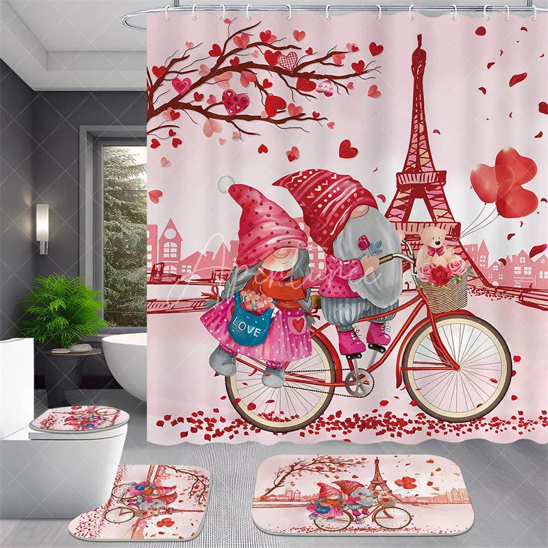 Aperturee - Aperturee 4-Piece Valentines Day Paris Shower Curtain Set Cycling Gnomes Eiffel Tower Romantic Pink Love