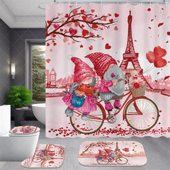 Aperturee - Aperturee 4-Piece Valentines Day Paris Shower Curtain Set Cycling Gnomes Eiffel Tower Romantic Pink Love