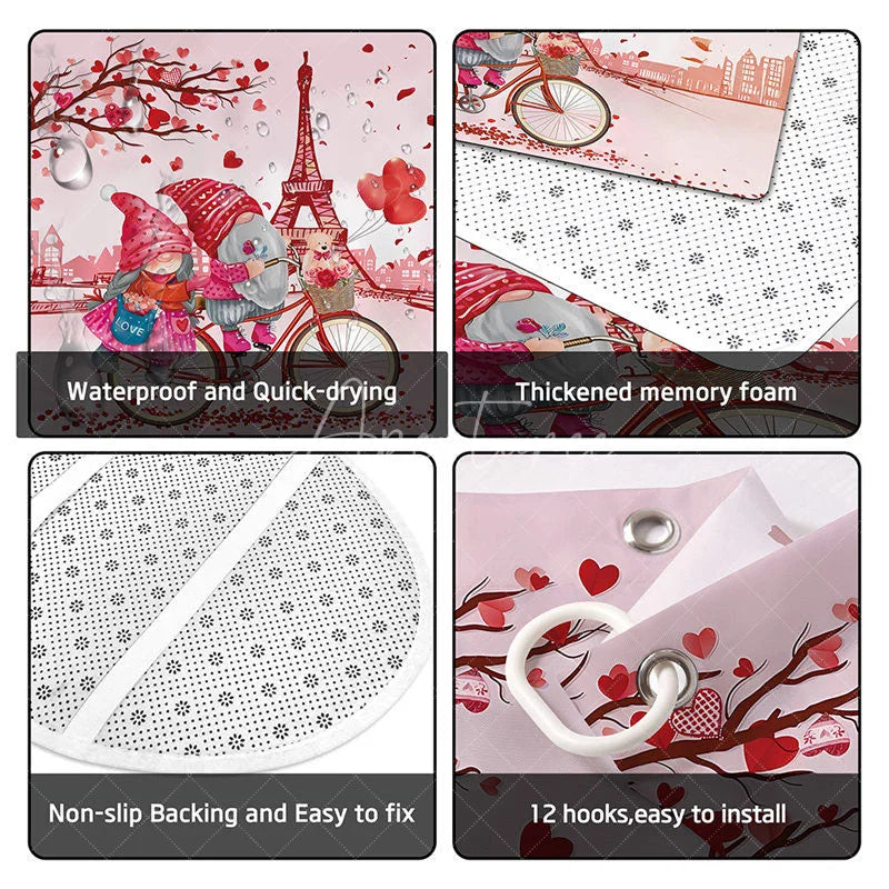 Aperturee - Aperturee 4-Piece Valentines Day Paris Shower Curtain Set Cycling Gnomes Eiffel Tower Romantic Pink Love