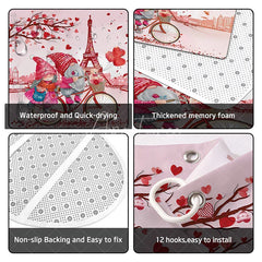 Aperturee - Aperturee 4-Piece Valentines Day Paris Shower Curtain Set Cycling Gnomes Eiffel Tower Romantic Pink Love