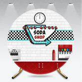 Aperturee - Aperturee 50s Diner Soda Shop Round Backdrop Retro Restaurant White Brick and Checkered Party Background