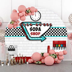 Aperturee - Aperturee 50s Diner Soda Shop Round Backdrop Retro Restaurant White Brick and Checkered Party Background
