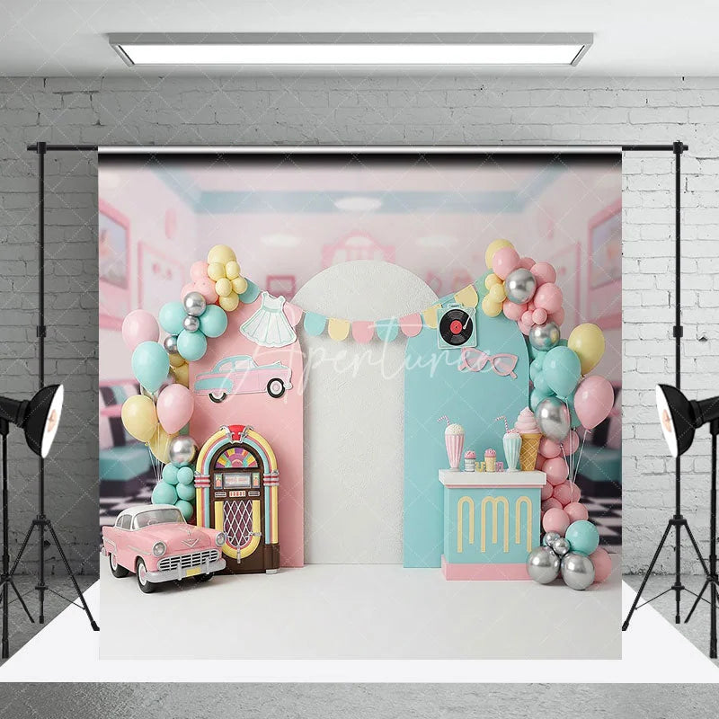 Aperturee - Aperturee 50s Retro Diner Jukebox Backdrop Pink Vintage Car and Milkshake for Birthday Party