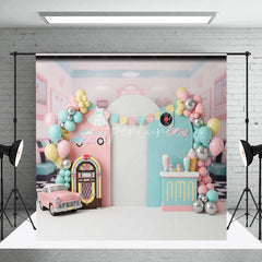 Aperturee - Aperturee 50s Retro Diner Jukebox Backdrop Pink Vintage Car and Milkshake for Birthday Party