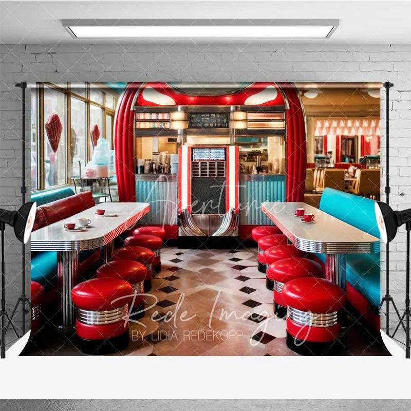 Aperturee - Aperturee 50s Retro Diner Photography Backdrop Red Stools Jukebox Checkerboard Floor Background Vintage Restaurant Photo Prop