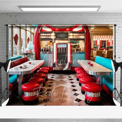 Aperturee - Aperturee 50s Retro Diner Photography Backdrop Red Stools Jukebox Checkerboard Floor Background Vintage Restaurant Photo Prop