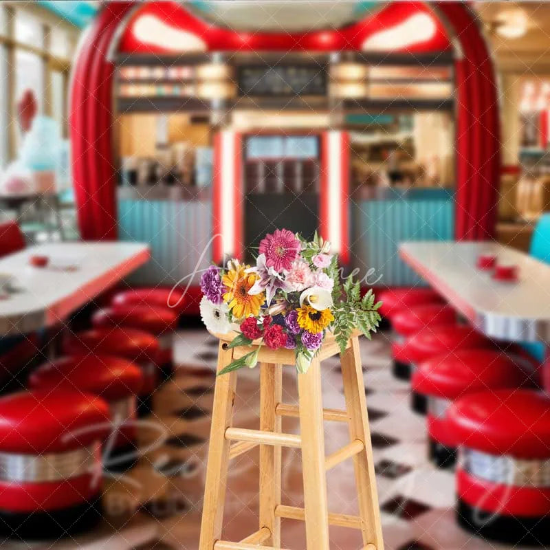 Aperturee - Aperturee 50s Retro Diner Photography Backdrop Red Stools Jukebox Checkerboard Floor Background Vintage Restaurant Photo Prop
