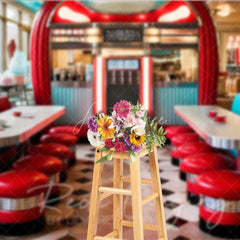 Aperturee - Aperturee 50s Retro Diner Photography Backdrop Red Stools Jukebox Checkerboard Floor Background Vintage Restaurant Photo Prop