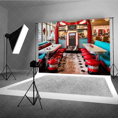 Aperturee - Aperturee 50s Retro Diner Photography Backdrop Red Stools Jukebox Checkerboard Floor Background Vintage Restaurant Photo Prop