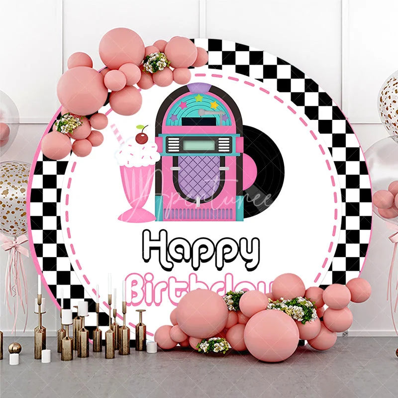 Aperturee - Aperturee 50s Rock and Roll Jukebox Round Backdrop Retro Milkshake and Record Happy Birthday Party Decoration