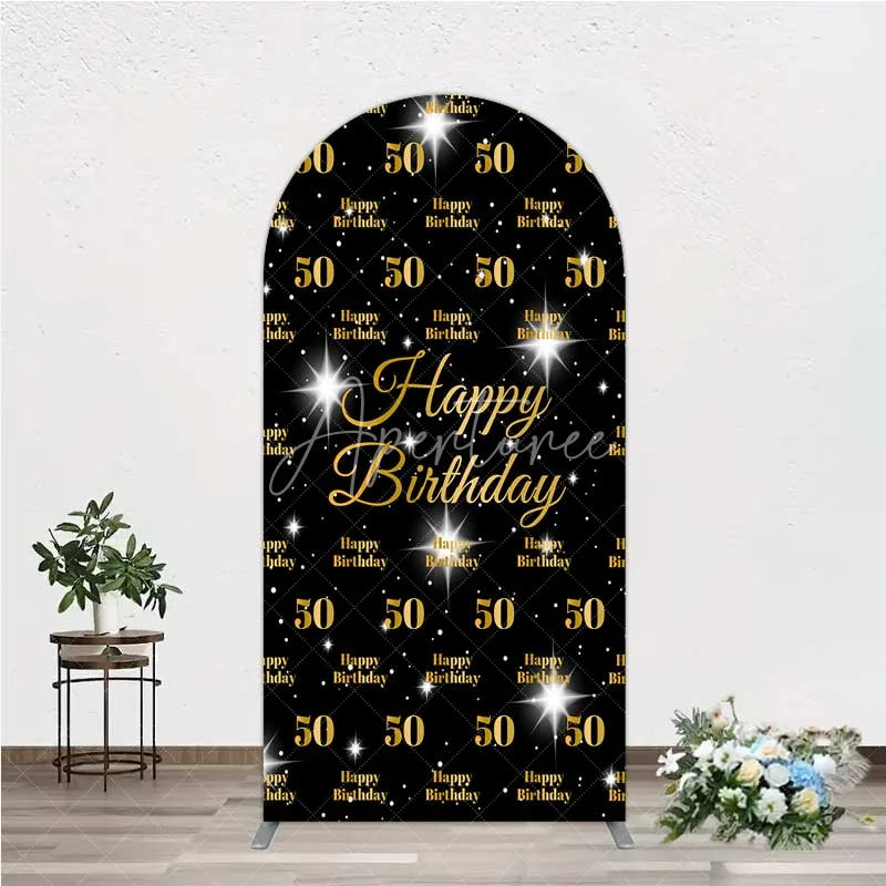 Aperturee - Aperturee 50th Birthday Arch Backdrop Black and Gold Step and Repeat Pattern Decoration