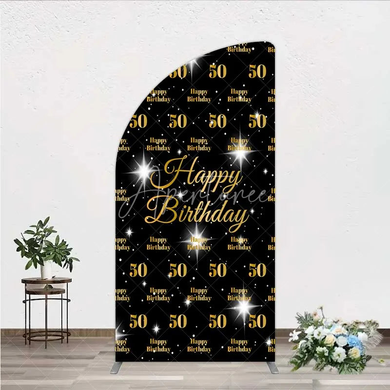 Aperturee - Aperturee 50th Birthday Half Moon Arch Backdrop Black and Gold Step and Repeat Pattern Decoration