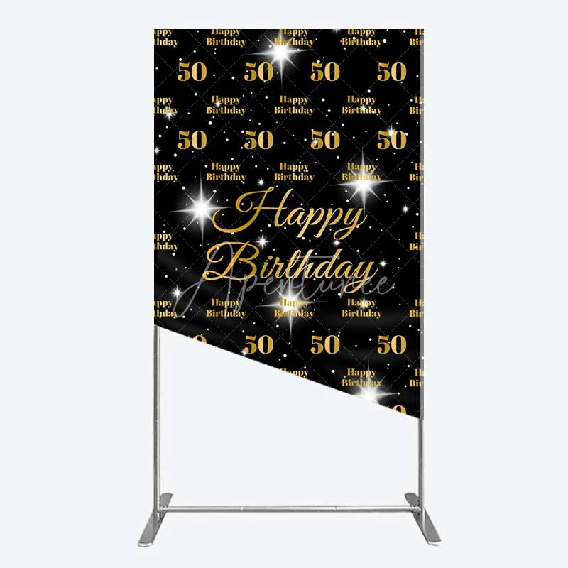Aperturee - Aperturee 50th Birthday Rectangle Backdrop Black and Gold Step and Repeat Pattern Decoration