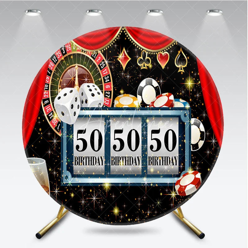 Aperturee - Aperturee 50th Birthday Round Backdrop Casino Las Vegas Slot Machine Red Curtain Party