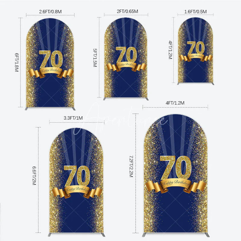Aperturee - Aperturee 70th Happy Birthday Arch Backdrop Navy Blue and Gold Glitter Sparkle Birthday Party Celebration Background