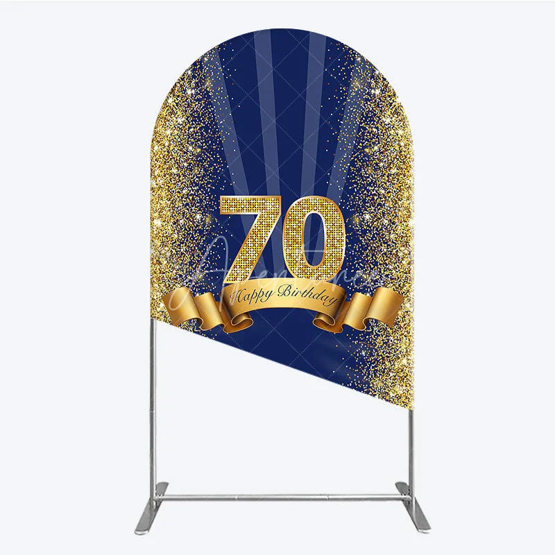 Aperturee - Aperturee 70th Happy Birthday Arch Backdrop Navy Blue and Gold Glitter Sparkle Birthday Party Celebration Background