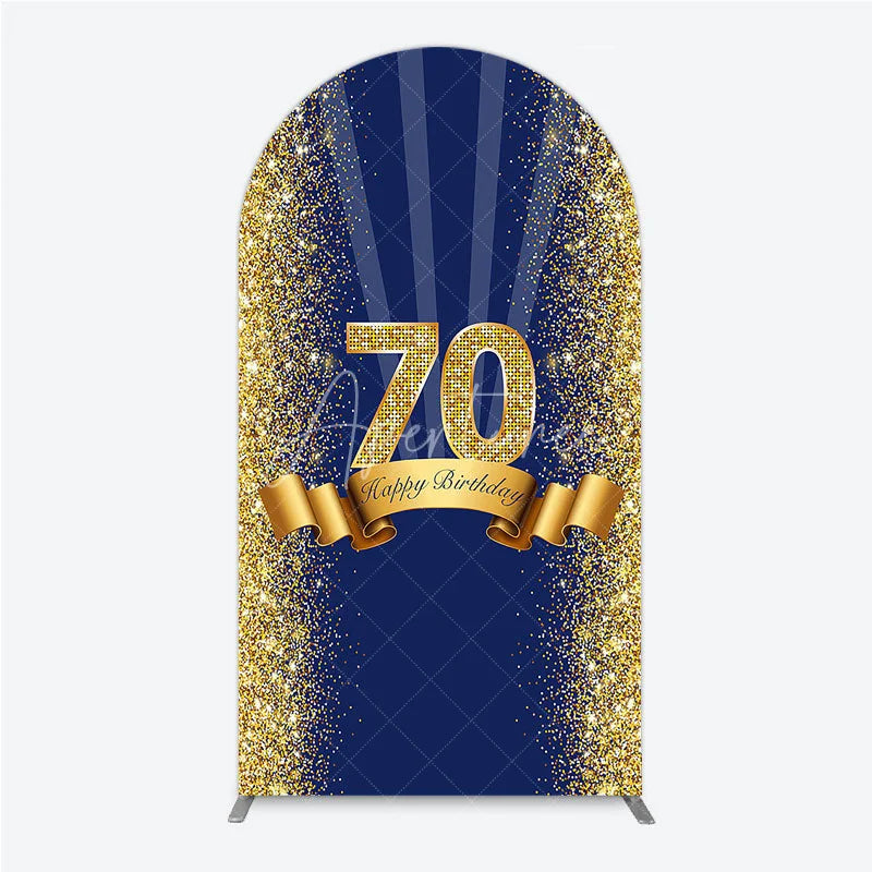 Aperturee - Aperturee 70th Happy Birthday Arch Backdrop Navy Blue and Gold Glitter Sparkle Birthday Party Celebration Background