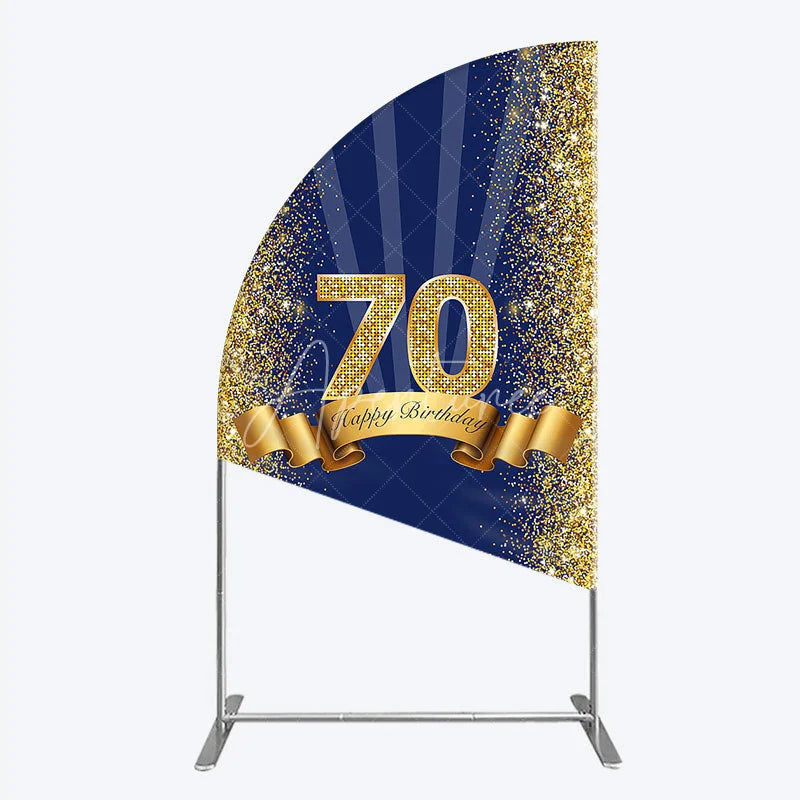 Aperturee - Aperturee 70th Happy Birthday Half Moon Arch Backdrop Navy Blue and Gold Glitter Sparkle Birthday Party Celebration Background