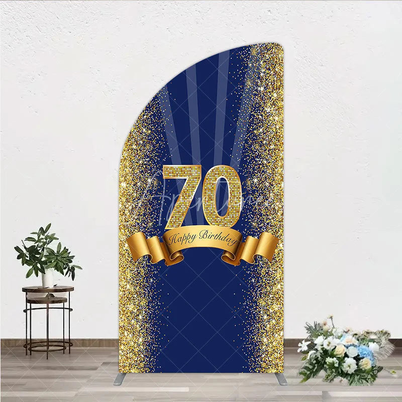 Aperturee - Aperturee 70th Happy Birthday Half Moon Arch Backdrop Navy Blue and Gold Glitter Sparkle Birthday Party Celebration Background
