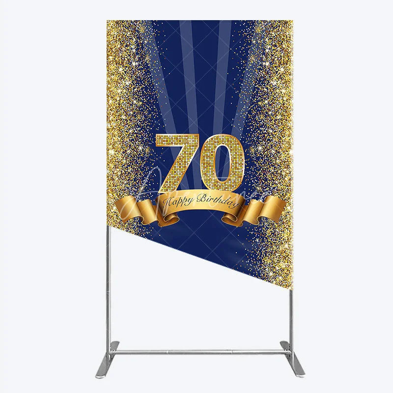 Aperturee - Aperturee 70th Happy Birthday Rectangle Backdrop Navy Blue and Gold Glitter Sparkle Birthday Party Celebration Background