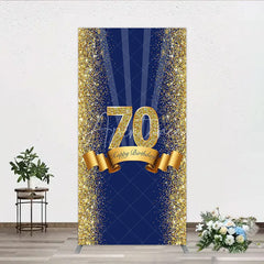 Aperturee - Aperturee 70th Happy Birthday Rectangle Backdrop Navy Blue and Gold Glitter Sparkle Birthday Party Celebration Background