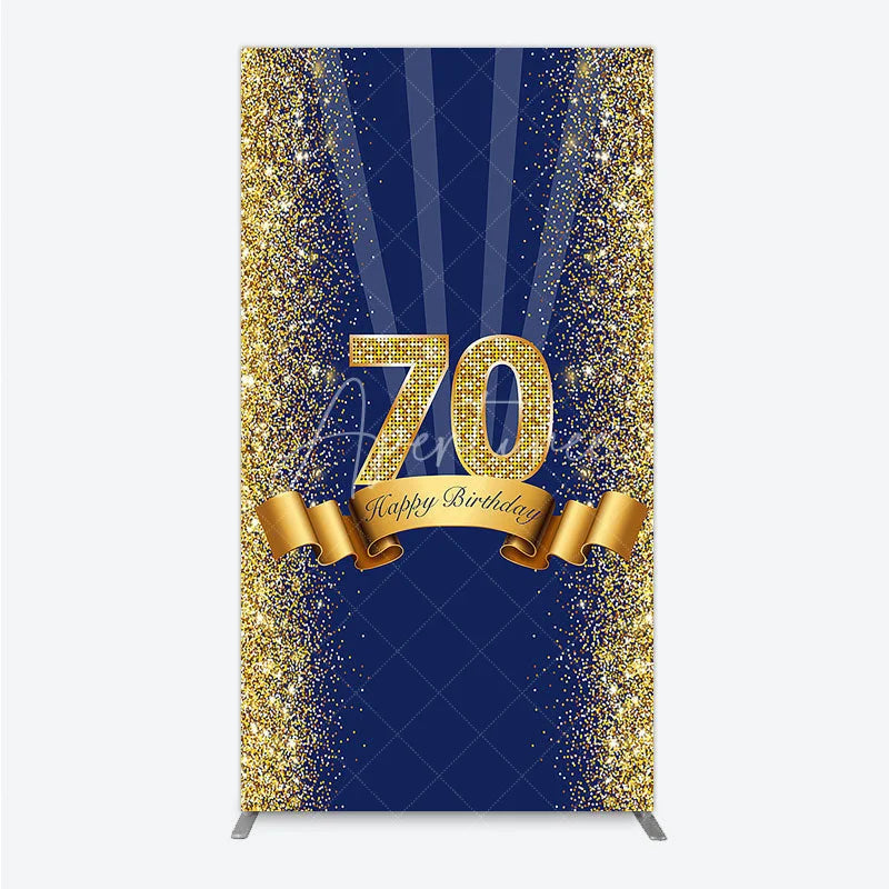 Aperturee - Aperturee 70th Happy Birthday Rectangle Backdrop Navy Blue and Gold Glitter Sparkle Birthday Party Celebration Background