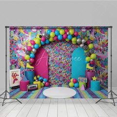 Aperturee - Aperturee 80s 90s Graffiti Retro Birthday Backdrop Vibrant Neon Pattern and Roller Skate Cake Smash Background