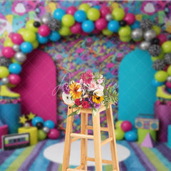 Aperturee - Aperturee 80s 90s Graffiti Retro Birthday Backdrop Vibrant Neon Pattern and Roller Skate Cake Smash Background