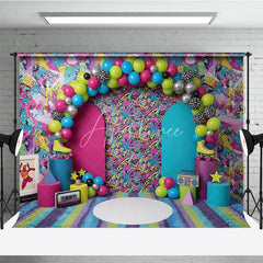 Aperturee - Aperturee 80s 90s Graffiti Retro Birthday Backdrop Vibrant Neon Pattern and Roller Skate Cake Smash Background
