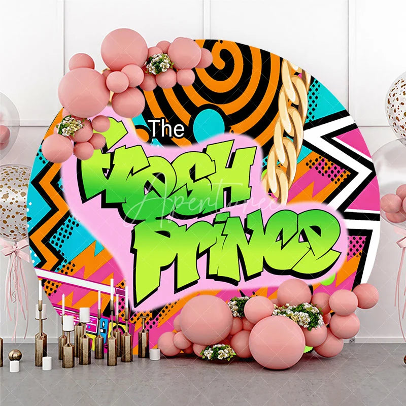 Aperturee - Aperturee 90s Hip Hop Themed Fresh Prince Round Backdrop Retro Graffiti Art for Baby Shower Throwback Birthday Party Decor