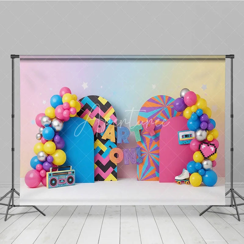 Aperturee - Aperturee 90s Retro Party On Birthday Backdrop Neon Colorful Boombox and Roller Skate Cake Smash Background