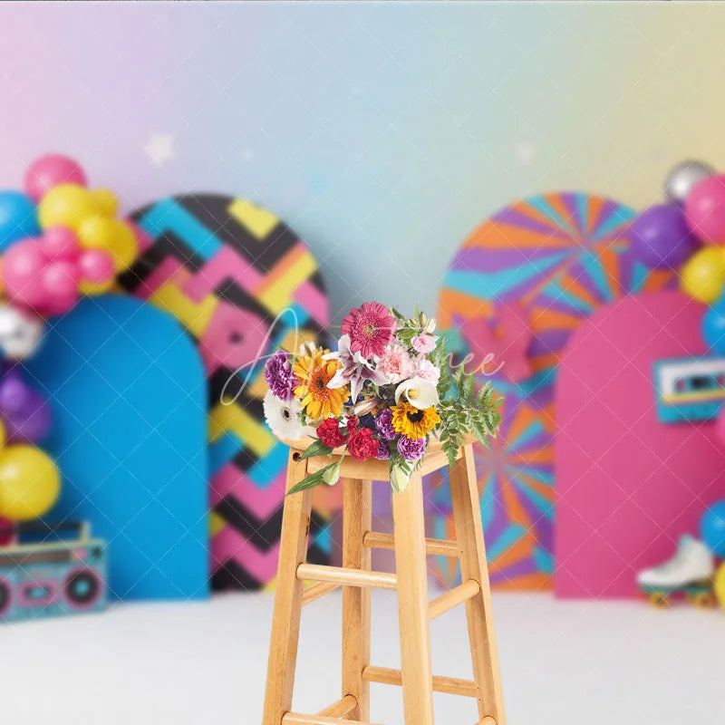 Aperturee - Aperturee 90s Retro Party On Birthday Backdrop Neon Colorful Boombox and Roller Skate Cake Smash Background