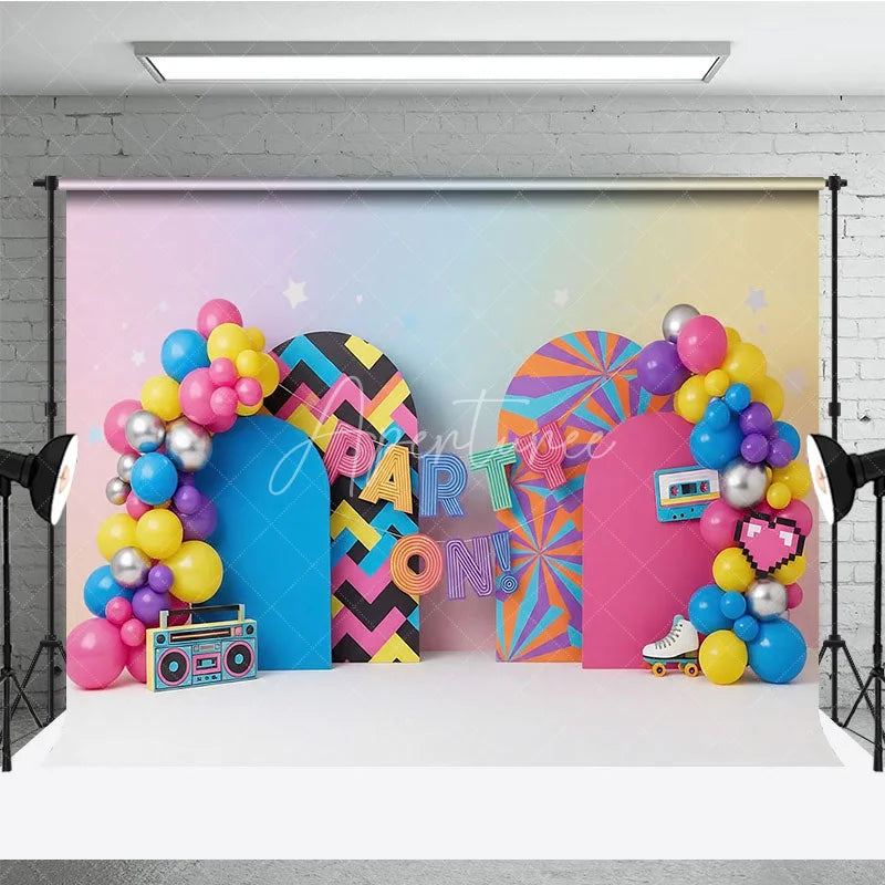 Aperturee - Aperturee 90s Retro Party On Birthday Backdrop Neon Colorful Boombox and Roller Skate Cake Smash Background