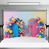 Aperturee - Aperturee 90s Retro Party On Birthday Backdrop Neon Colorful Boombox and Roller Skate Cake Smash Background