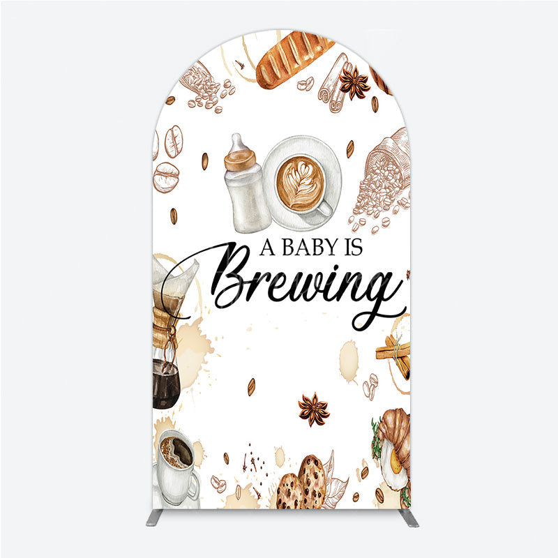 Aperturee Aperturee A Baby is Brewing Arch Backdrop Coffee and Croissant Themed Baby Shower Fun Cafe Welcome Sign Photo Prop Decor