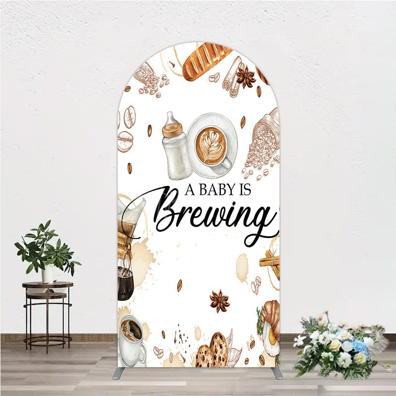 Aperturee Aperturee A Baby is Brewing Arch Backdrop Coffee and Croissant Themed Baby Shower Fun Cafe Welcome Sign Photo Prop Decor