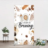 Aperturee Aperturee A Baby is Brewing Rectangle Backdrop Coffee and Croissant Themed Baby Shower Fun Cafe Welcome Sign Photo Prop Decor